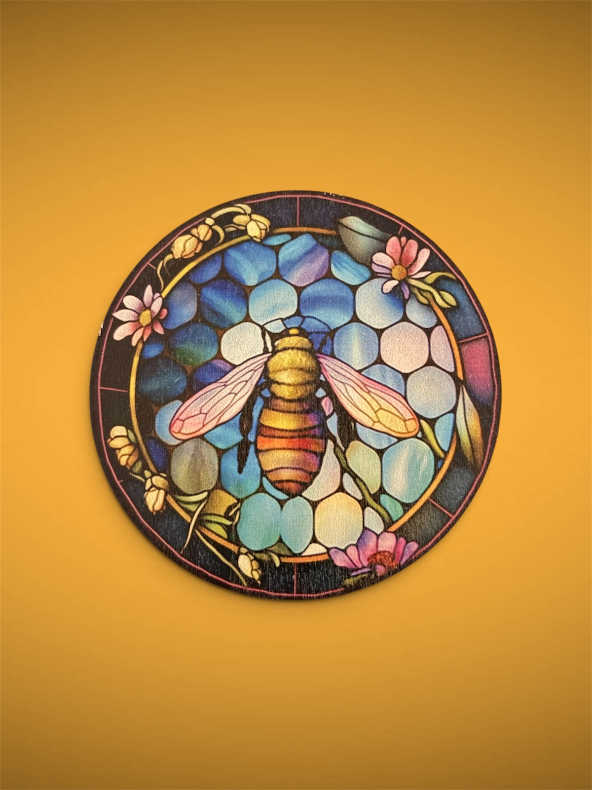 Stained Glass Bee with Flowers Wooden Round