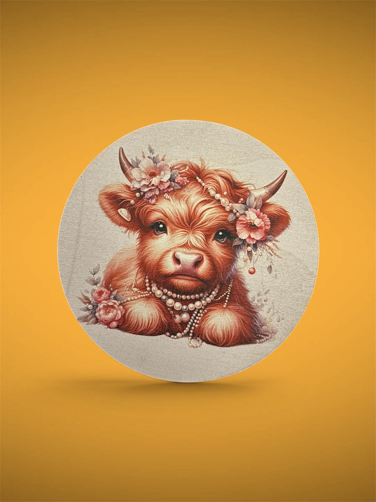 Cute Baby Cow Sitting Wooden Round