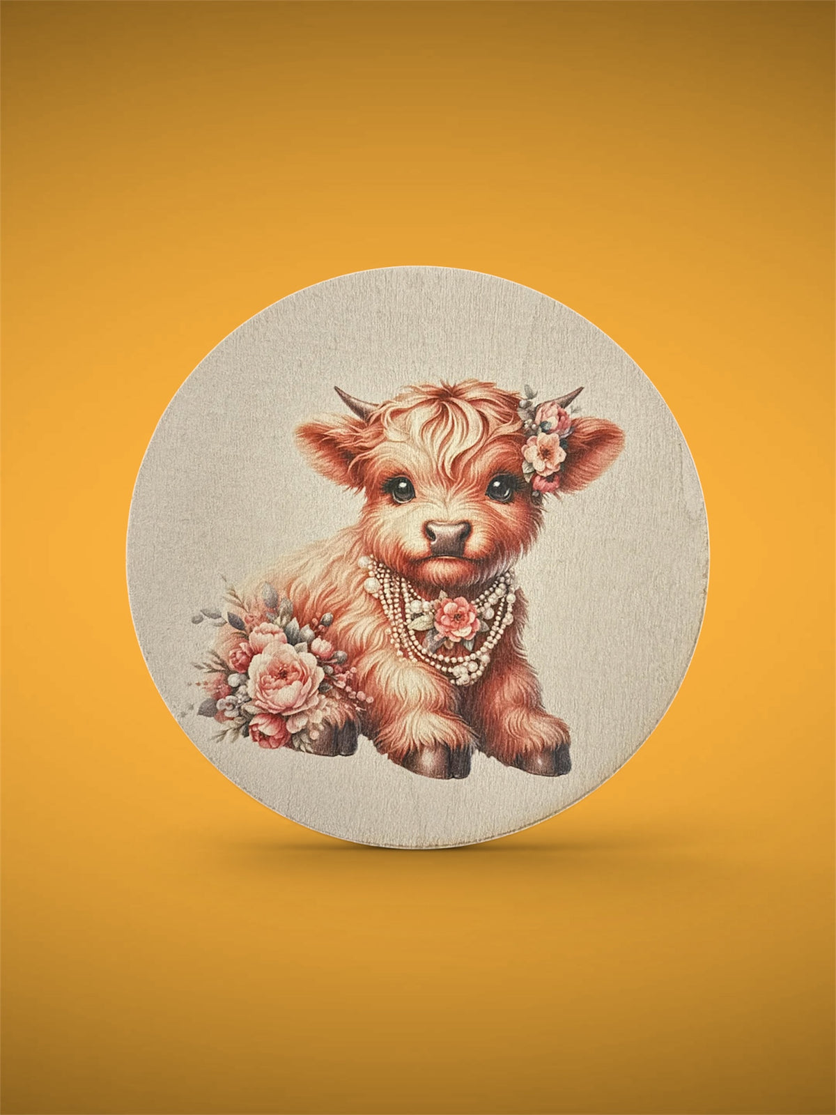 Baby Cow with Flowers & Pearls Wooden Round