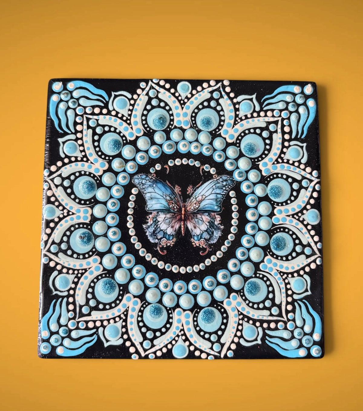 Butterfly UV DTF Decal & Hand-Painted 4" Ceramic Coaster