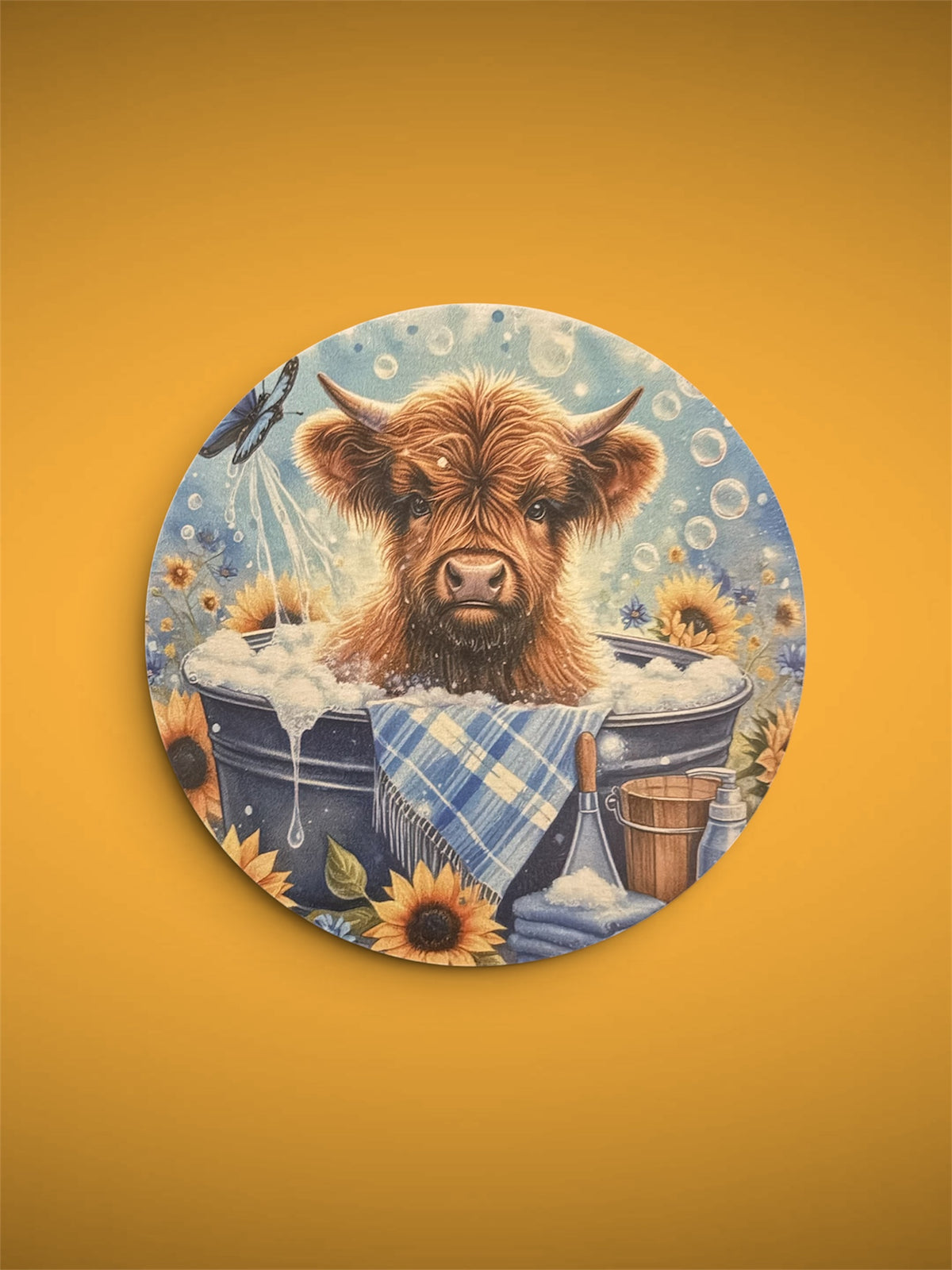 Cow in Bubble Bath Wooden Round