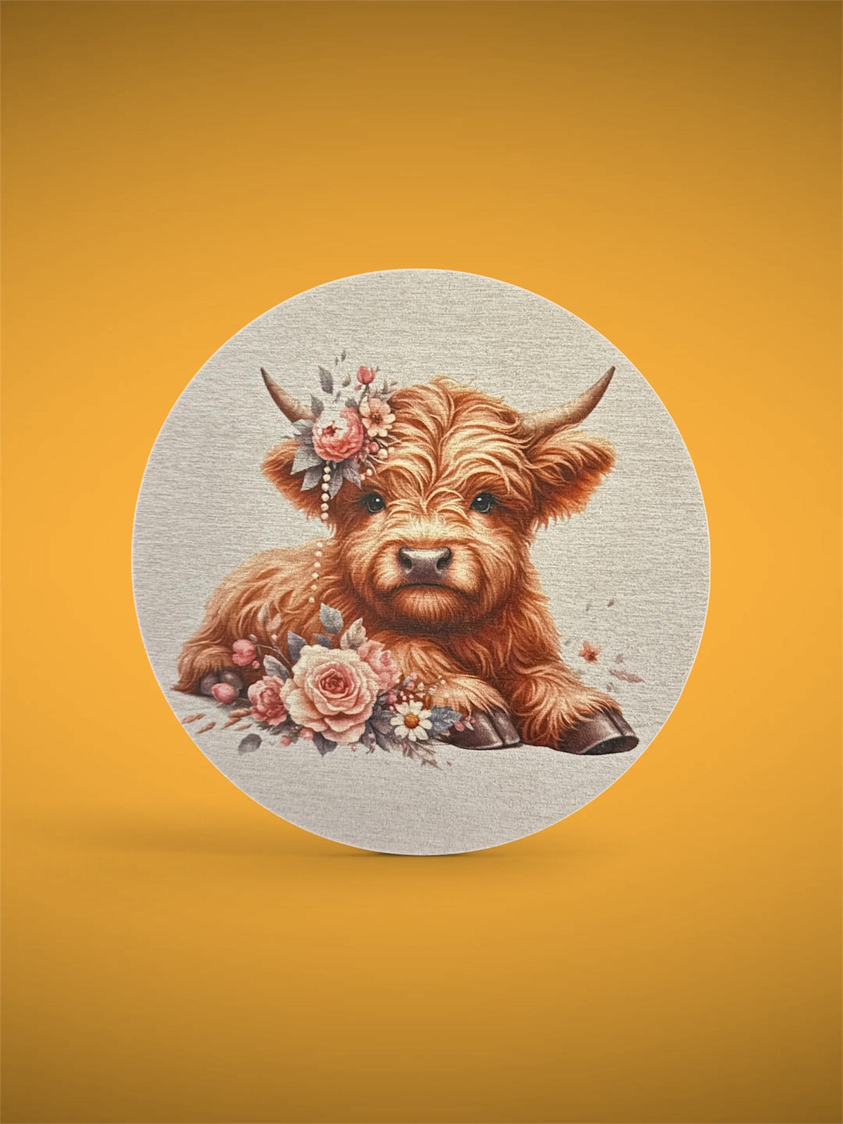 Cute Baby Cow with Flowers Wooden Round