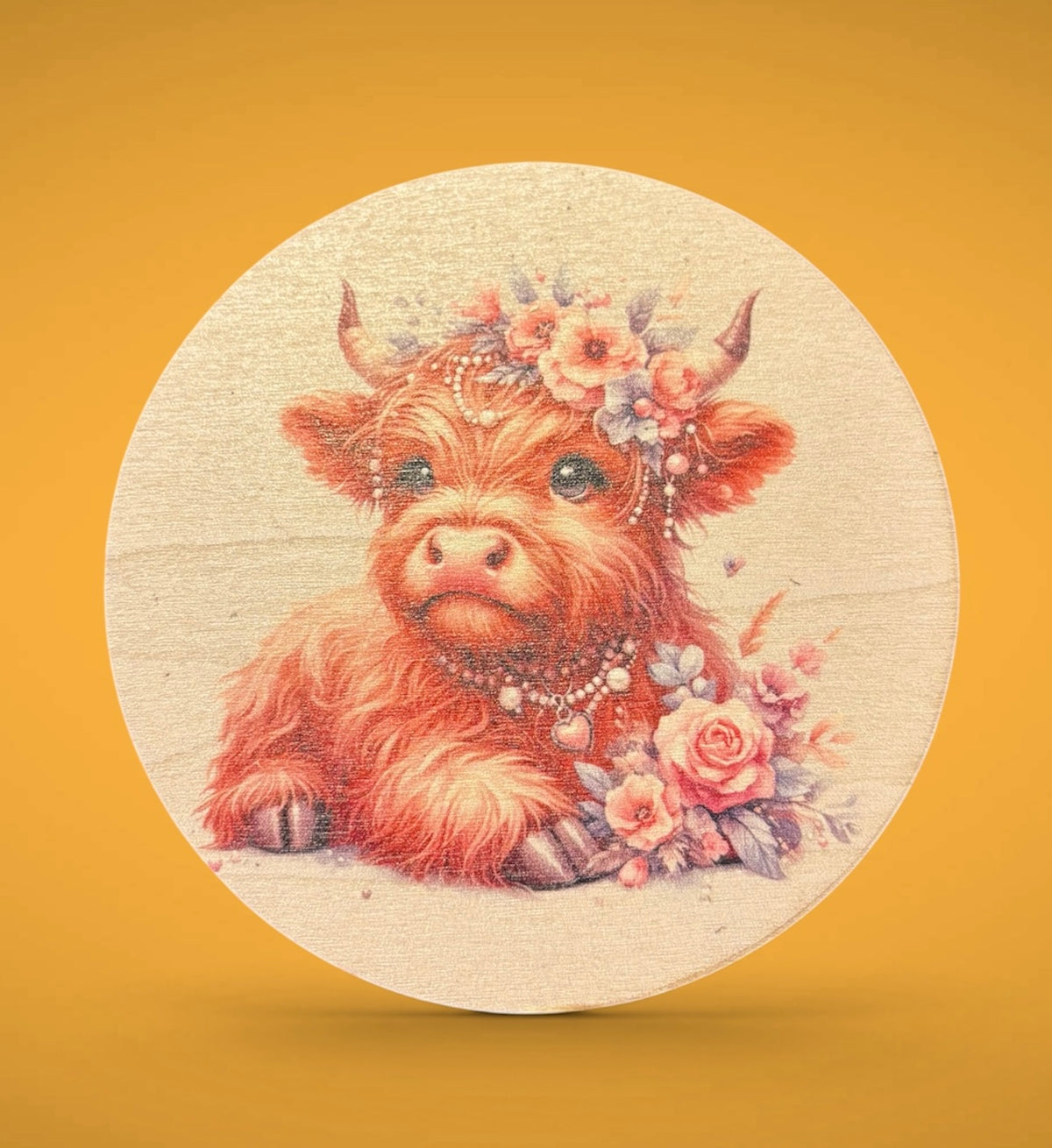 Highland Cow Wooden Round 4"