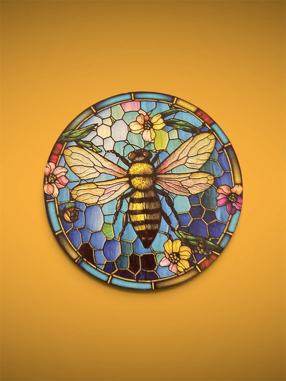 Stained Glass Bumblebee Blue Wooden Round
